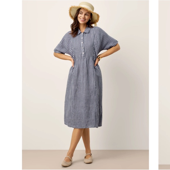 100% Linen Striped Buttoned Front Short Sleeve Midi Shirt Dress CASSANDRA - Picture 5 of 8
